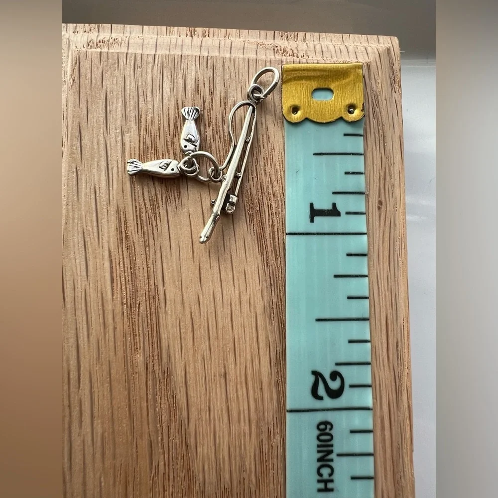 Vintage Fishing Pole Charm Pendant with Two Fish Silver Tone NOS